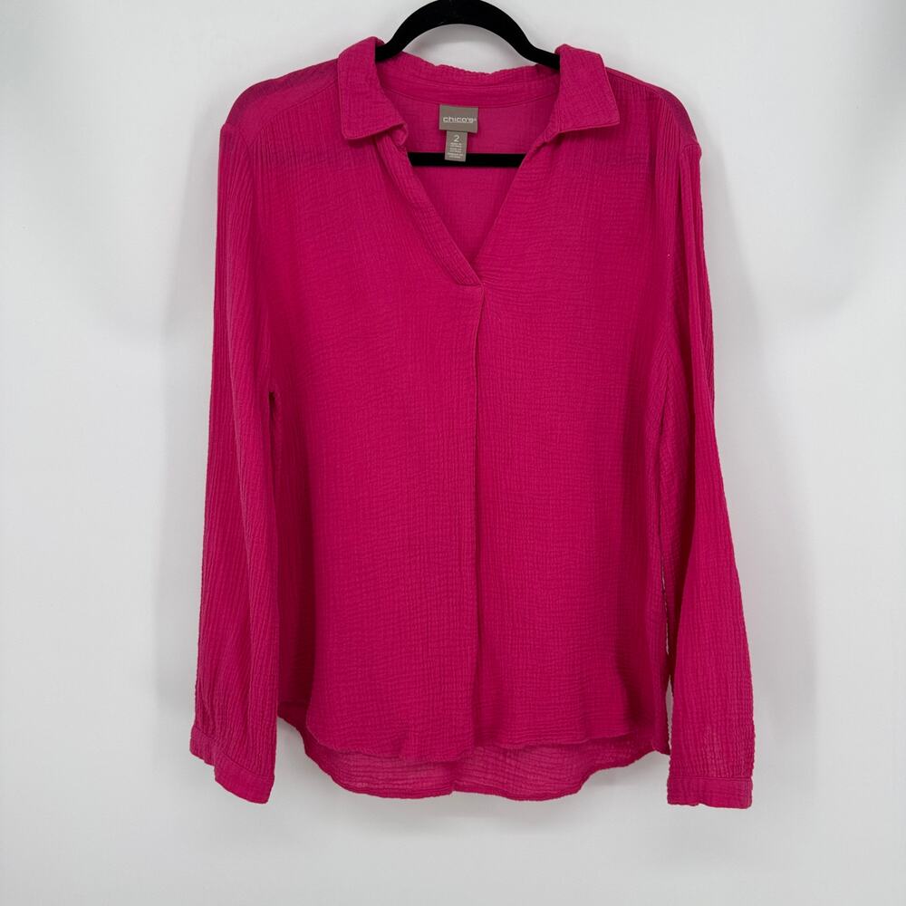 Chico's Women's 2/L Pink Gauzy Cotton Lagenlook Blouse